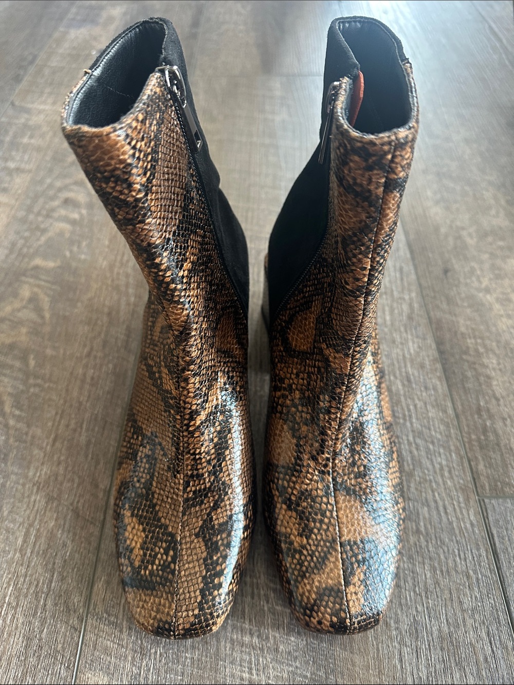 French Connection Brown Black Snake-Print Ankle Booties with Side Zip